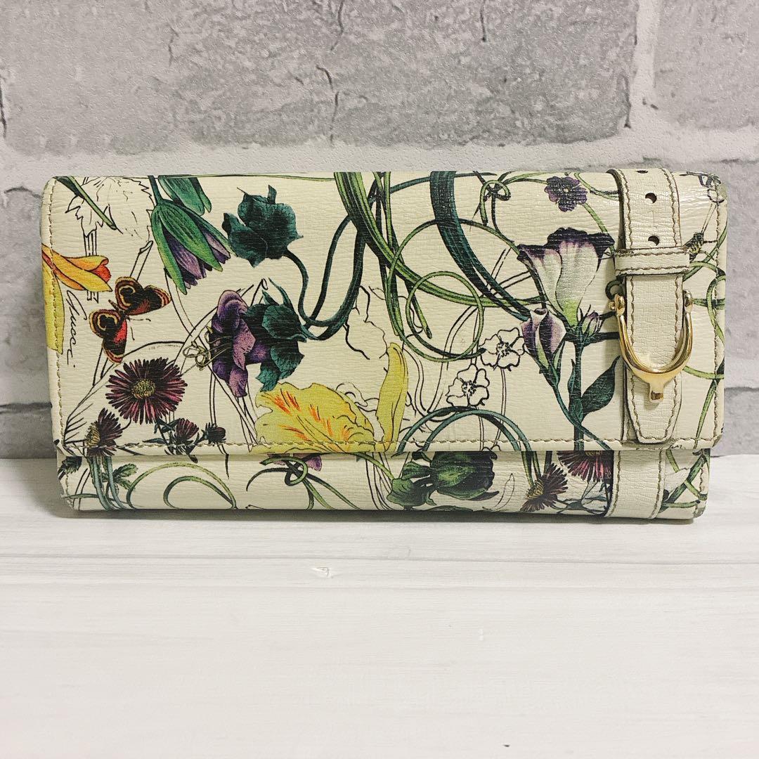 GUCCI　長財布　フローラ　ゴールド金具　レザー　白　花柄