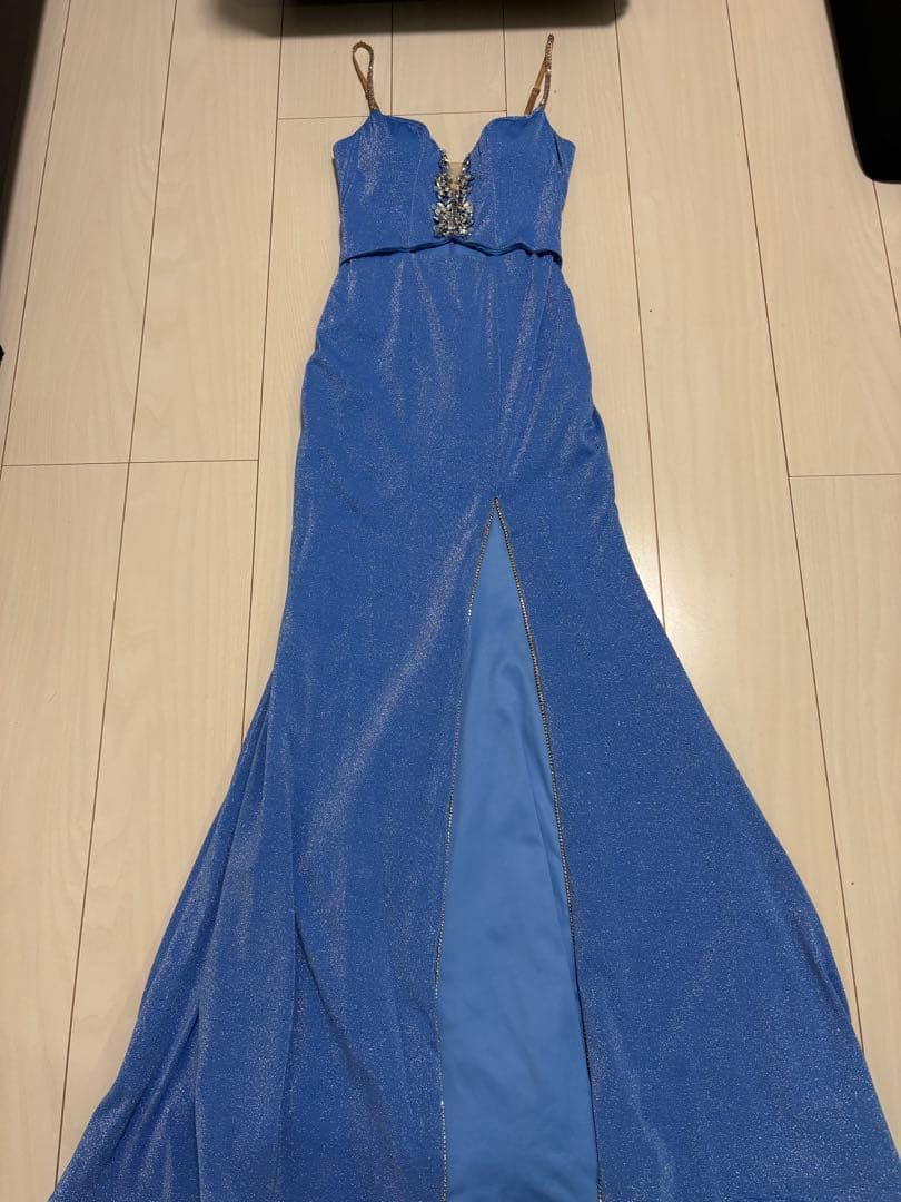エンジェルアール ラメ ビジュー ブルー ロングドレス