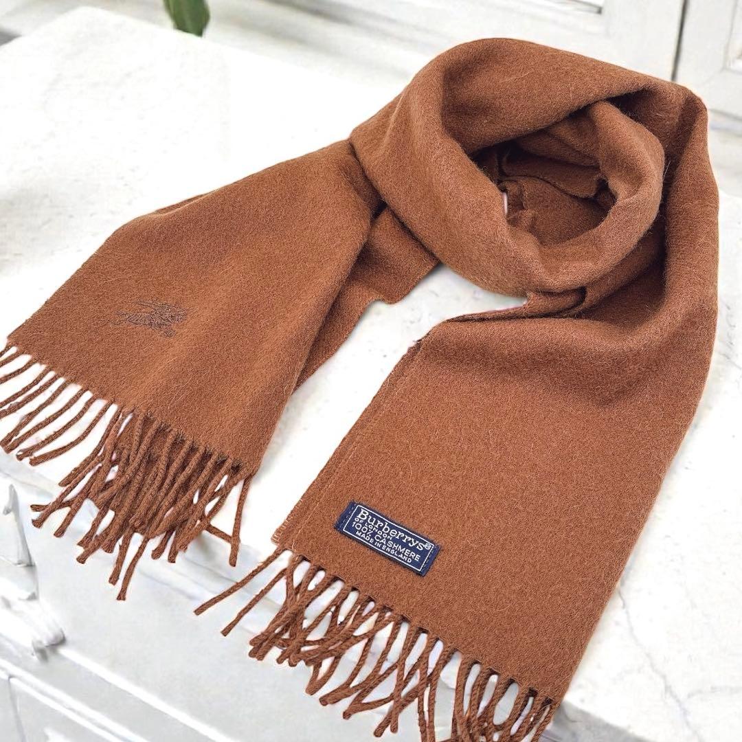 【極美品】バーバリー/カシミア100%マフラー/茶色/ワンポイント/馬上の騎士