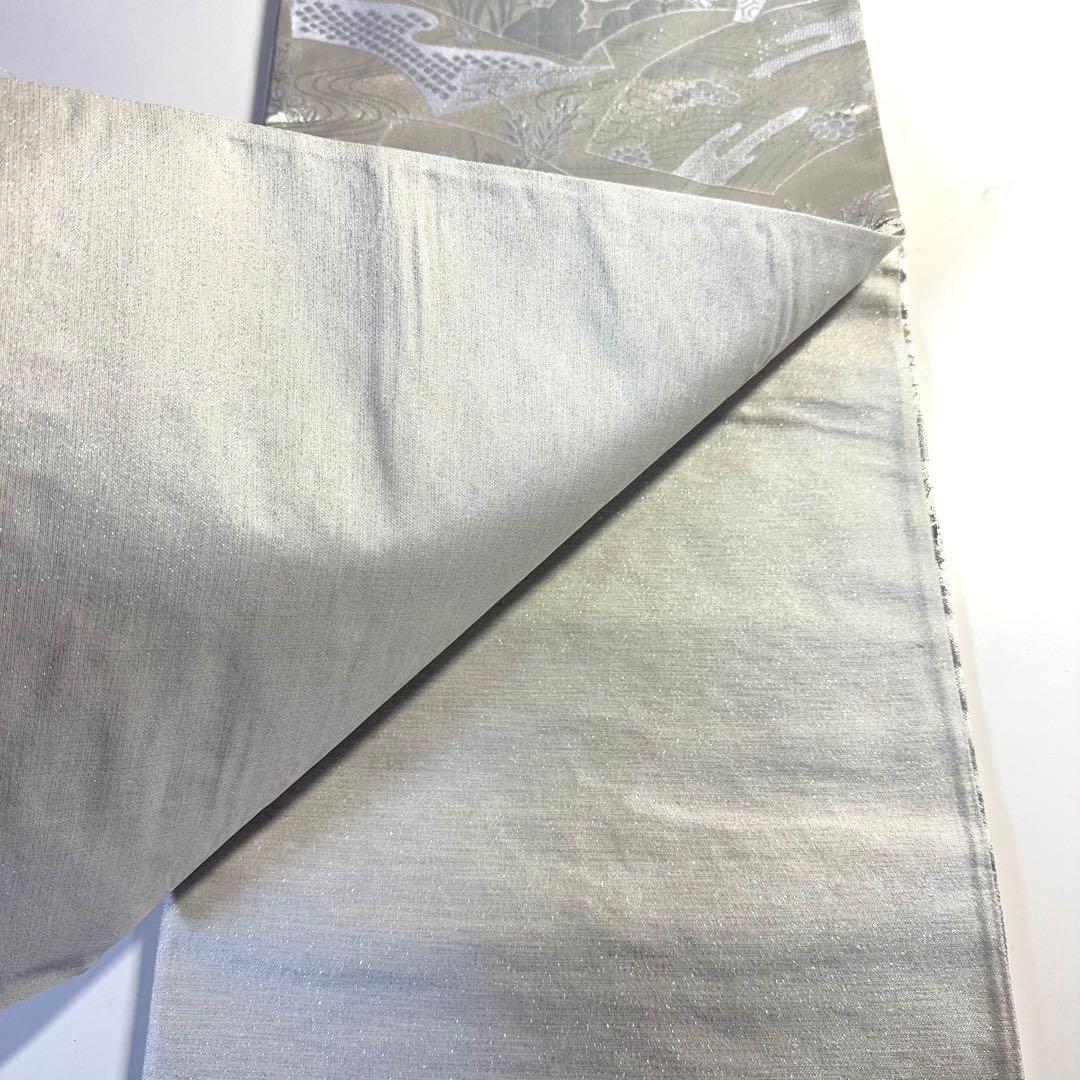 5k3009 袋帯　絹　プラチナ銀箔二重織　鴛鴦　銀色　白　花柄　和装　着物