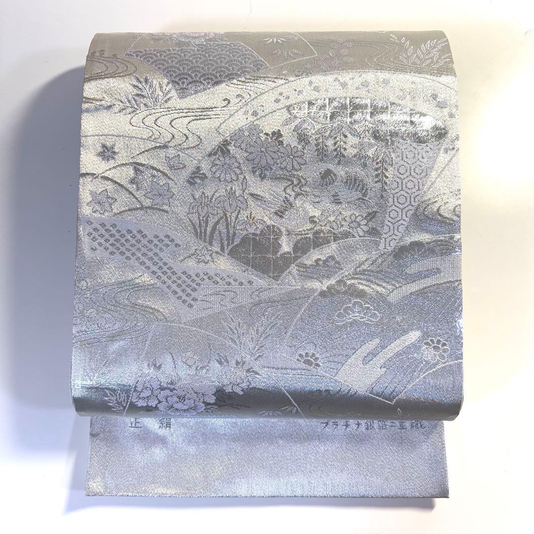 5k3009 袋帯　絹　プラチナ銀箔二重織　鴛鴦　銀色　白　花柄　和装　着物
