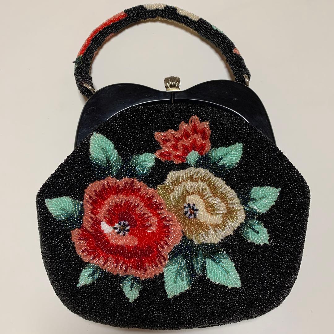 花柄　総ビーズ　ハンドバッグ　ビーズバッグ　和装　パーティ　昭和レトロ