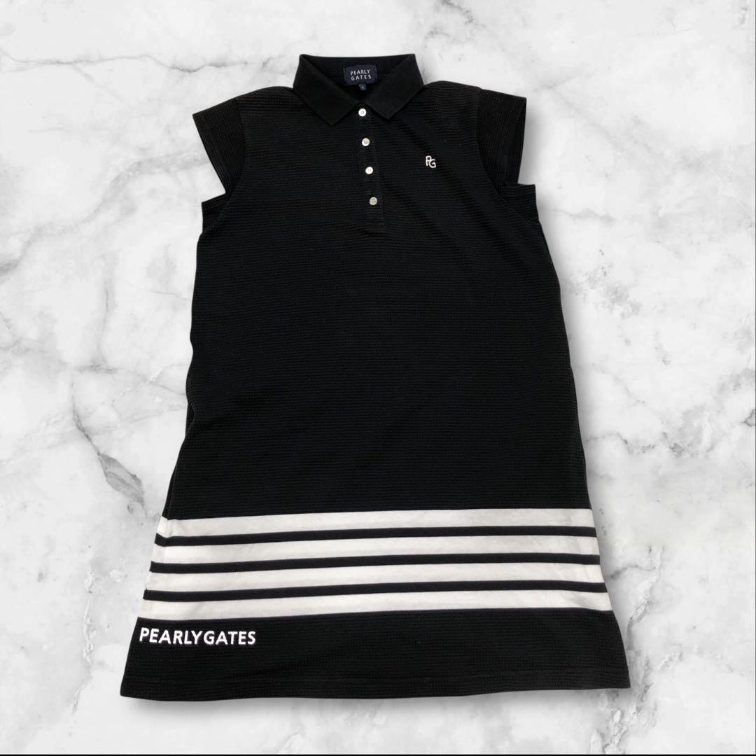 【希少美品】パーリーゲイツ　ポロワンピース　ワッフル地　裾ボーダー　ロゴ入り