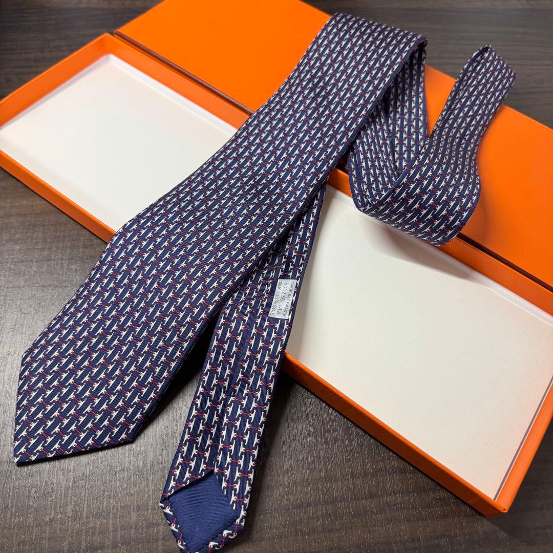 未使用 近年タグ HERMES エルメス H柄 馬具モチーフ ネクタイ ネイビー
