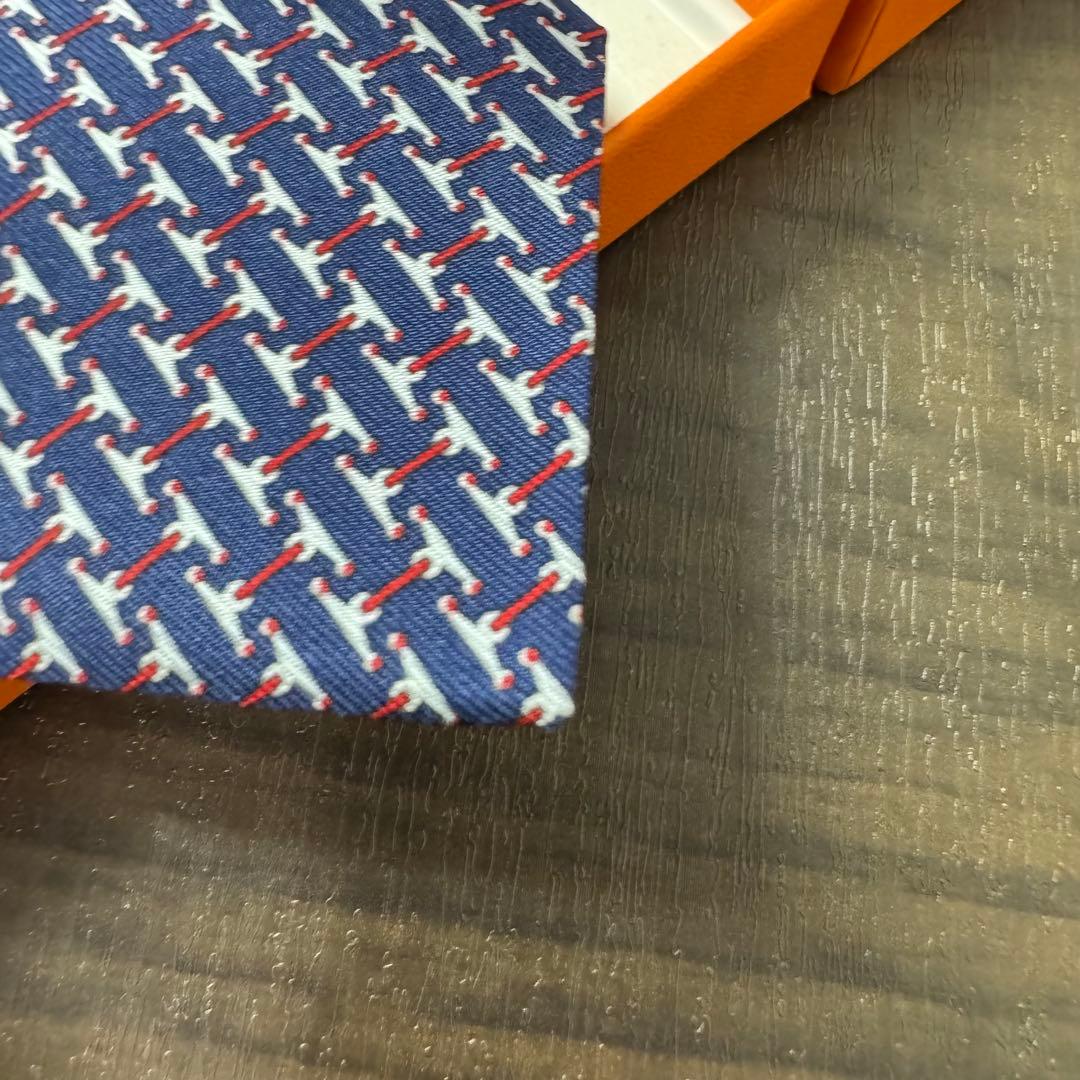 未使用 近年タグ HERMES エルメス H柄 馬具モチーフ ネクタイ ネイビー
