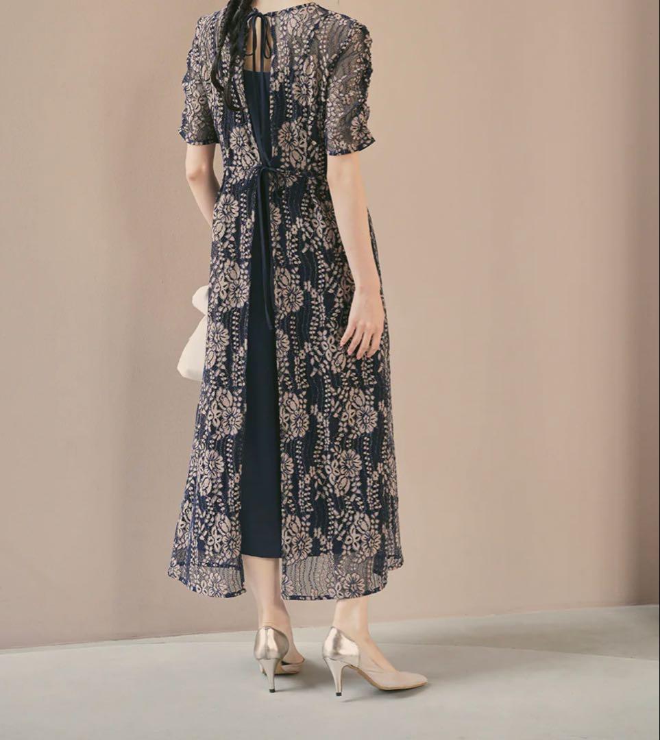 kaene 配色レースエプロンワンピース ネイビー