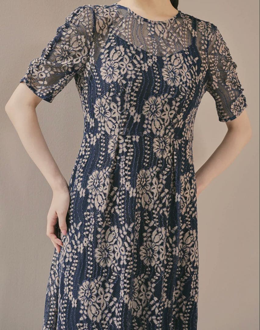 kaene 配色レースエプロンワンピース ネイビー