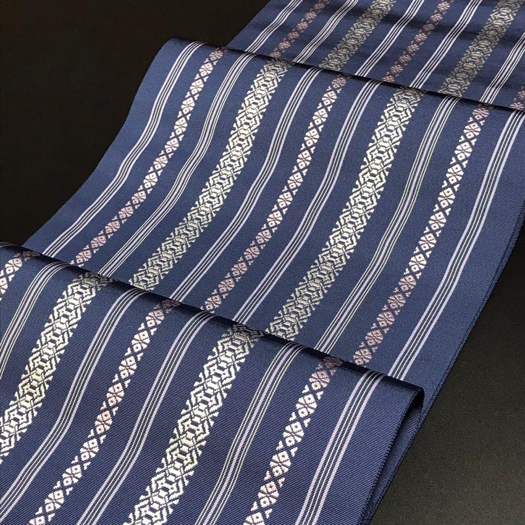 新品 本場筑前博多織 金印 名古屋帯 黒木織物 仕立上がり 八寸 紺 正絹 着物