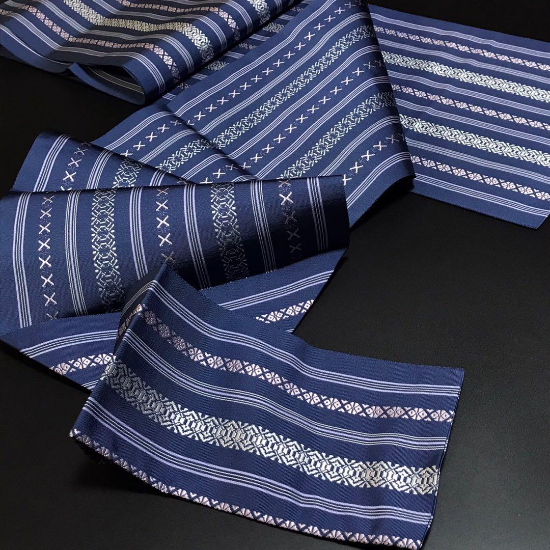 新品 本場筑前博多織 金印 名古屋帯 黒木織物 仕立上がり 八寸 紺 正絹 着物