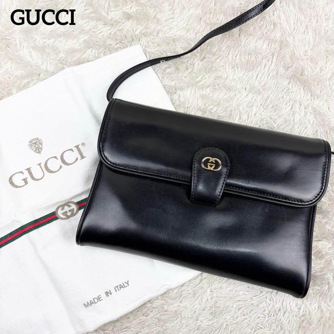 【美品】オールドグッチ オールレザー インターロッキング ショルダーバッグ