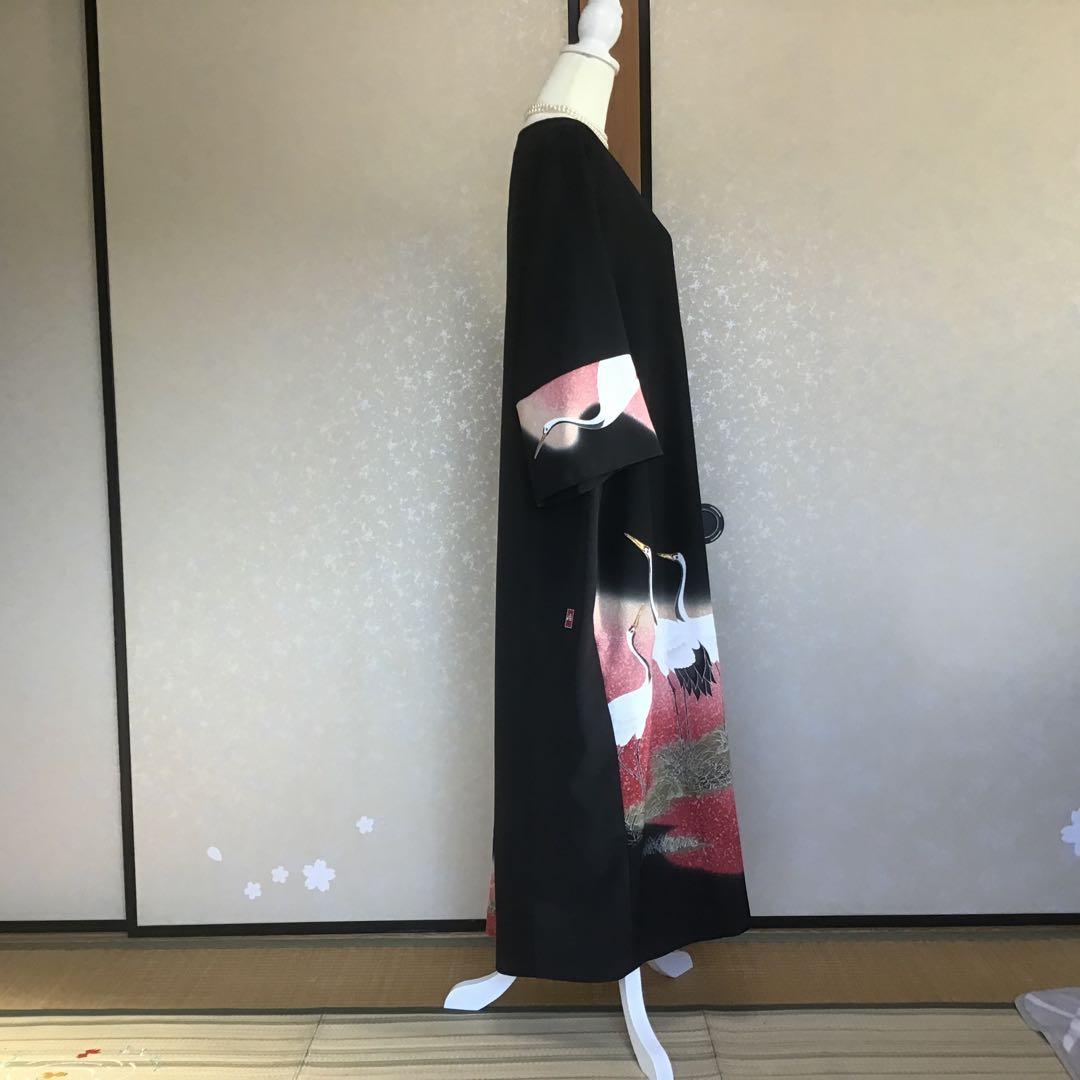 留袖リメイクワンピース❣️郡鶴　一部刺繍4L 着丈126