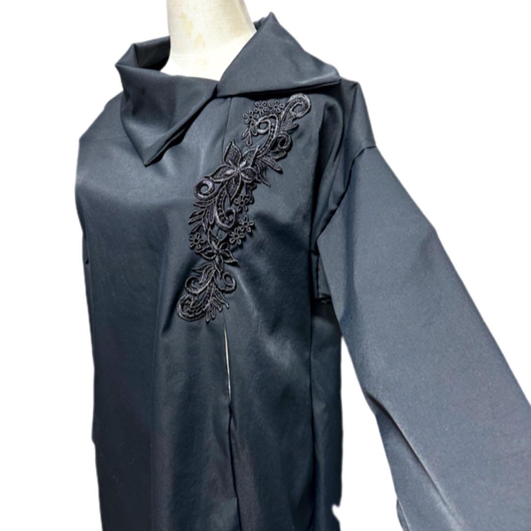 振袖　着物リメイク　ドレス　黒×大輪牡丹や菊　和柄　ワンピース　ハンドメイド