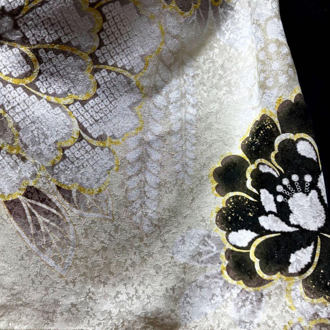 振袖　着物リメイク　ドレス　黒×大輪牡丹や菊　和柄　ワンピース　ハンドメイド