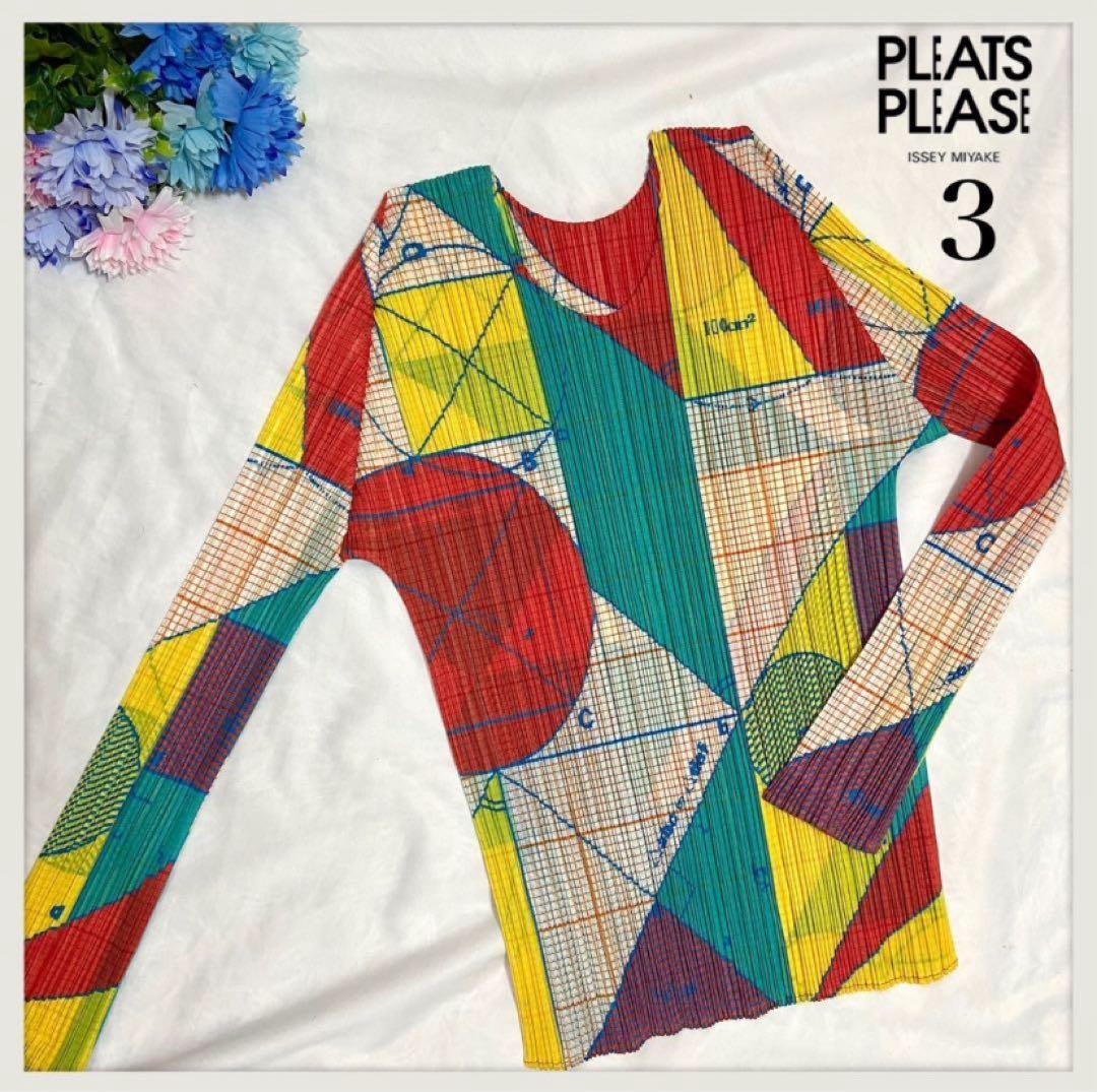 【美品】 プリーツプリーズ 総柄 マルチカラー 幾何学 カットソー 長袖