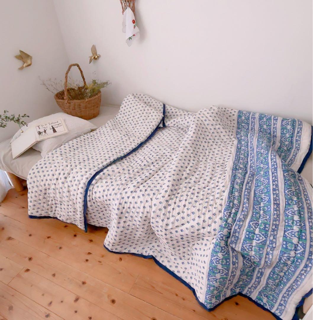キルト　ブロックプリントキルト　インドの布団　ソファーカバー　ベッドカバー