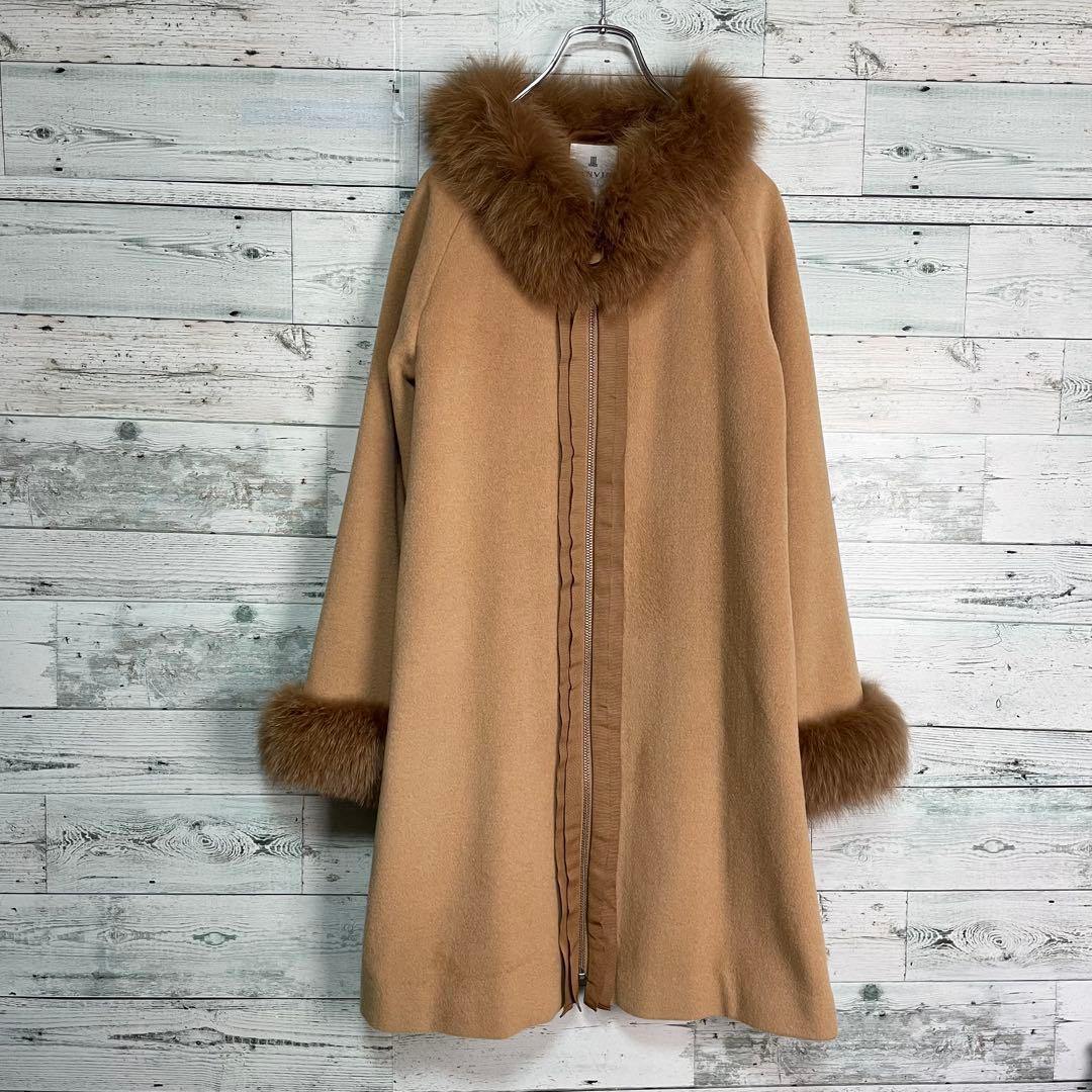 ☆美品☆ランバンオンブルー　ブルーフォックスファー付きウールコート　アンゴラ混