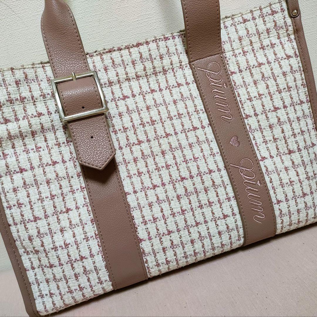 pium ベルトロゴハンドルトートバッグ ピンクツイード　キャンバストート