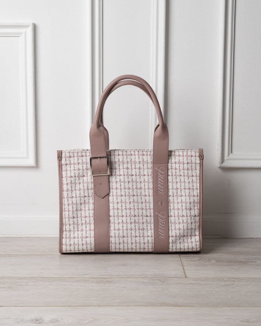 pium ベルトロゴハンドルトートバッグ ピンクツイード　キャンバストート