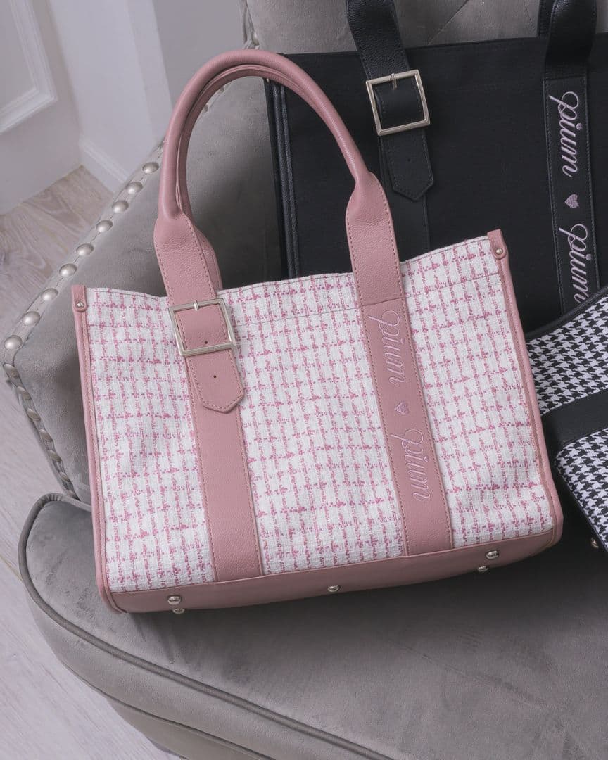 pium ベルトロゴハンドルトートバッグ ピンクツイード　キャンバストート