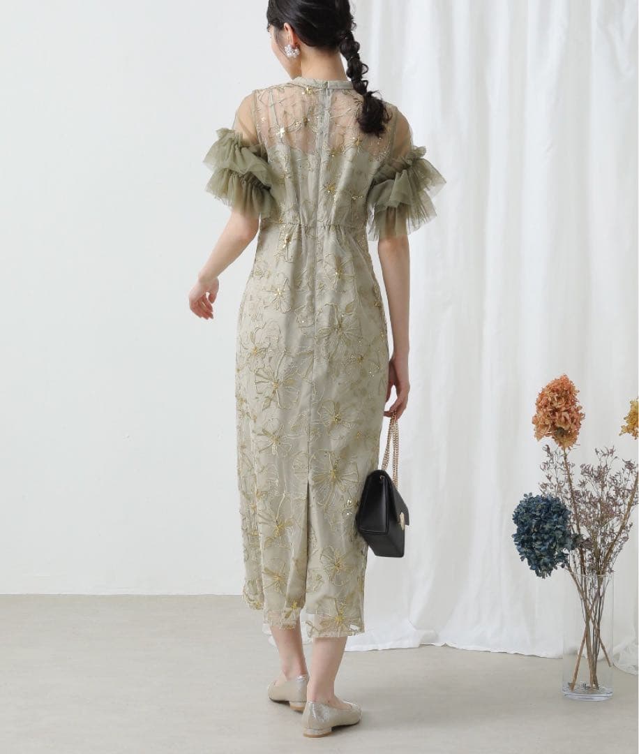 【低身長さんもOK】チュールフリルスリーブスパンコール刺繍レースパーティードレス