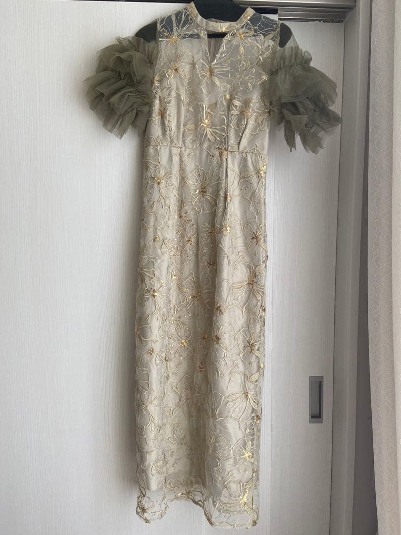 【低身長さんもOK】チュールフリルスリーブスパンコール刺繍レースパーティードレス