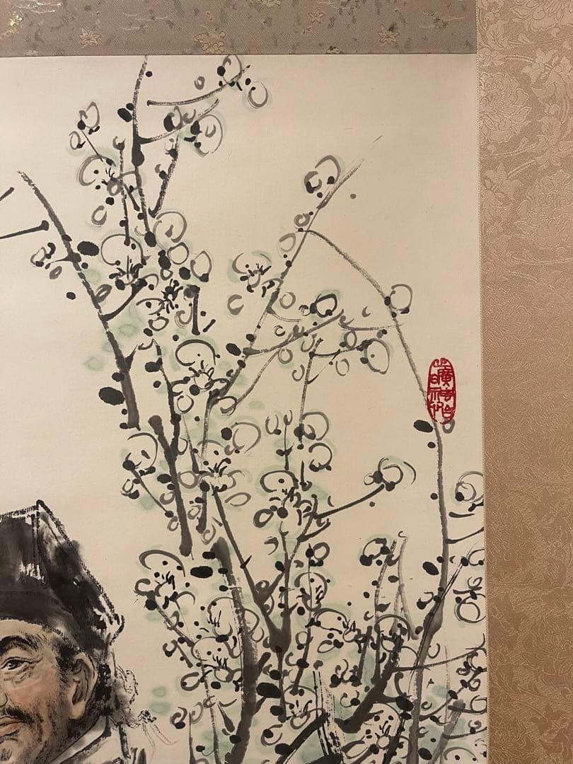 ◆◇水墨画 人物と花の描写 BIGサイズ 共箱