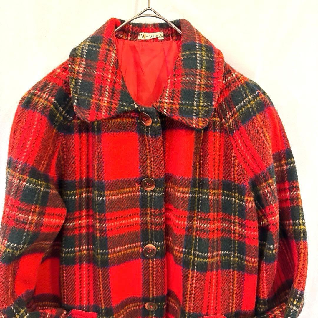 かっちょヴィンテージ70sウール タータンチェック コートクラシック赤 紺