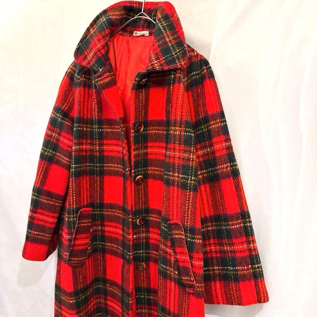 かっちょヴィンテージ70sウール タータンチェック コートクラシック赤 紺