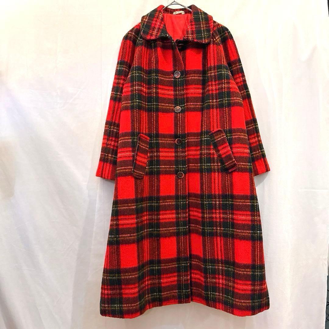 かっちょヴィンテージ70sウール タータンチェック コートクラシック赤 紺