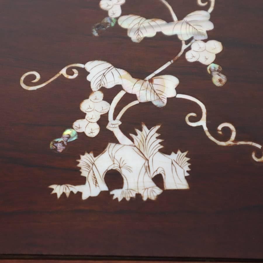 値下高級銘木 唐木 花梨無垢 螺鈿細工 葡萄図 小抽斗 5段 小箪笥 小引き出し