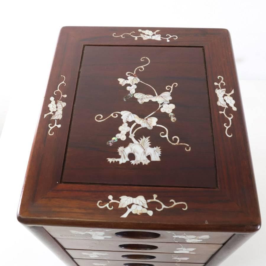 値下高級銘木 唐木 花梨無垢 螺鈿細工 葡萄図 小抽斗 5段 小箪笥 小引き出し