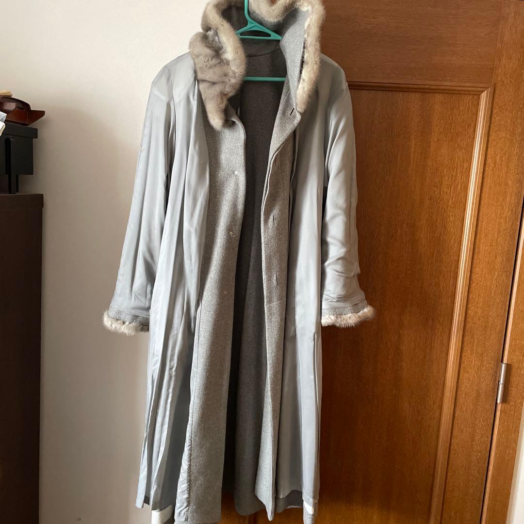 美品　日本製 部分ミンクファー付きカシミヤ100 ロングコート