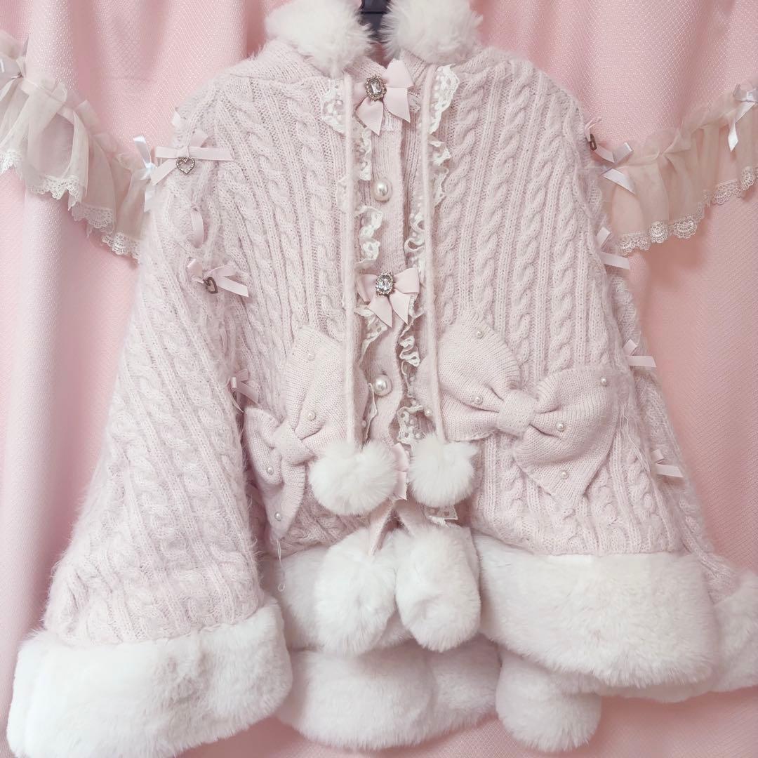 LIZLISA ポンポンリボンニットファーポンチョ ピンク