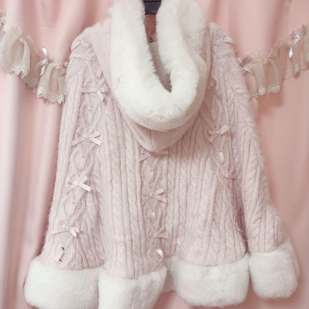 LIZLISA ポンポンリボンニットファーポンチョ ピンク