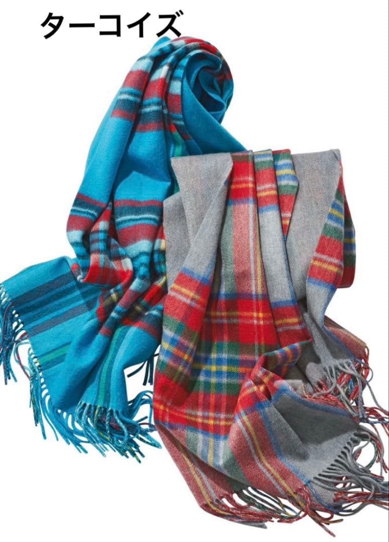 DAMA カシミヤチェック柄ダブルフェイスストール　ターコイズ　大判