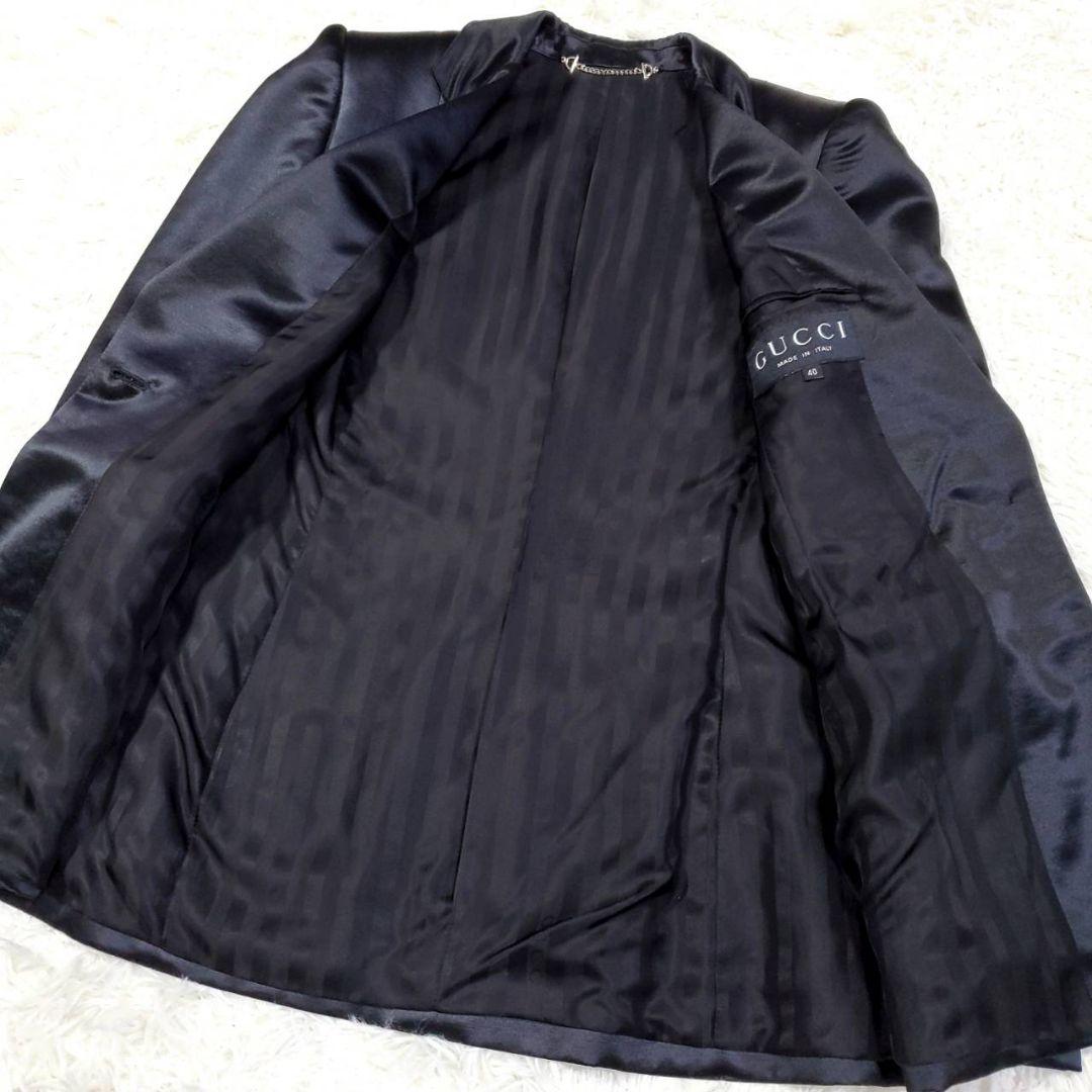 美品 L グッチ シルク ウール スカートスーツ 黒 イタリア製 40 肩パッド