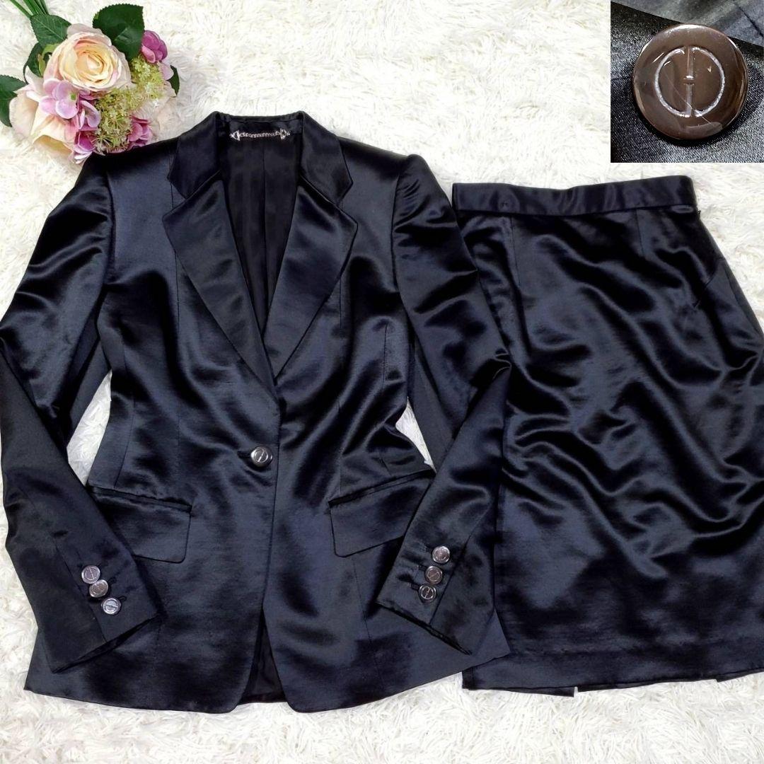 美品 L グッチ シルク ウール スカートスーツ 黒 イタリア製 40 肩パッド