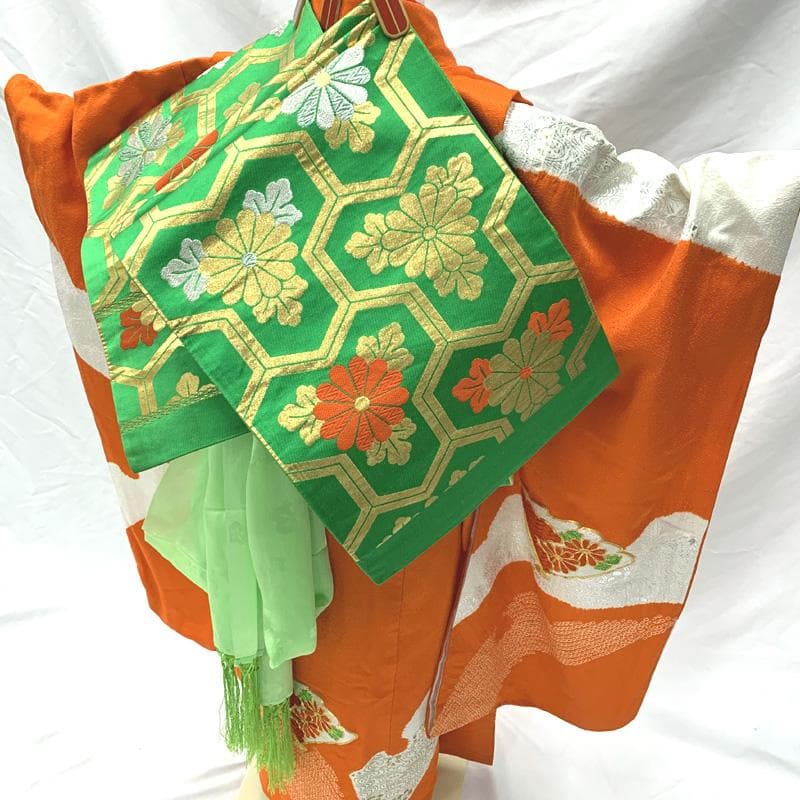 409ag21□七五三 七歳 女児 着物&袋帯 金駒刺繍 絞染め 扇□状態良好