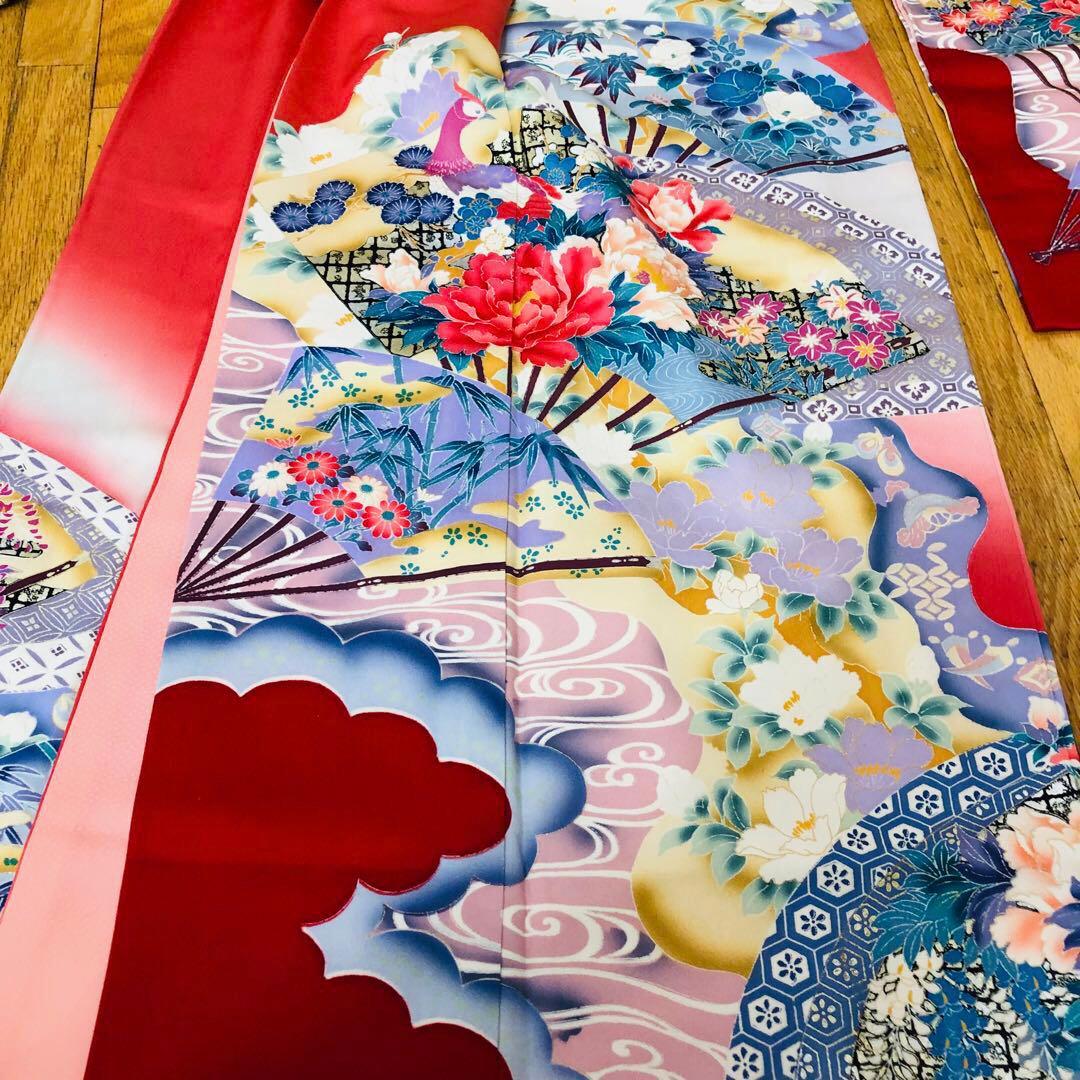 正絹振袖安心フルセット‼️ピンク赤系⭐︎美しい四季の花⭐︎鳥古典柄金彩⭐︎逸品