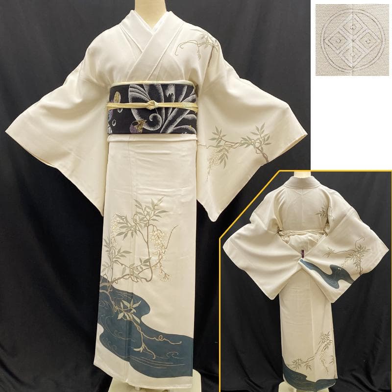 510mh56●訪問着 水辺の藤 金駒刺繍 クリーム色 金彩 一つ紋●しつけ付