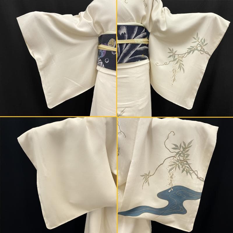 510mh56●訪問着 水辺の藤 金駒刺繍 クリーム色 金彩 一つ紋●しつけ付