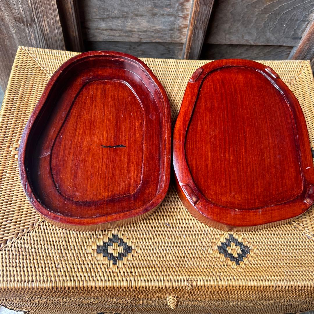 金魚？ 鯉？彫刻デザイン 木製硯箱 楕円形