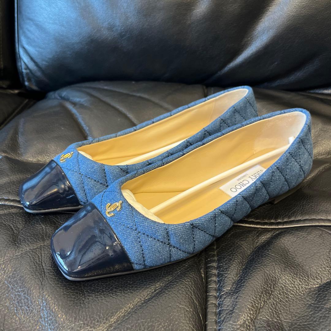 JIMMY CHOO デニム キルティング フラットシューズ　スズキ