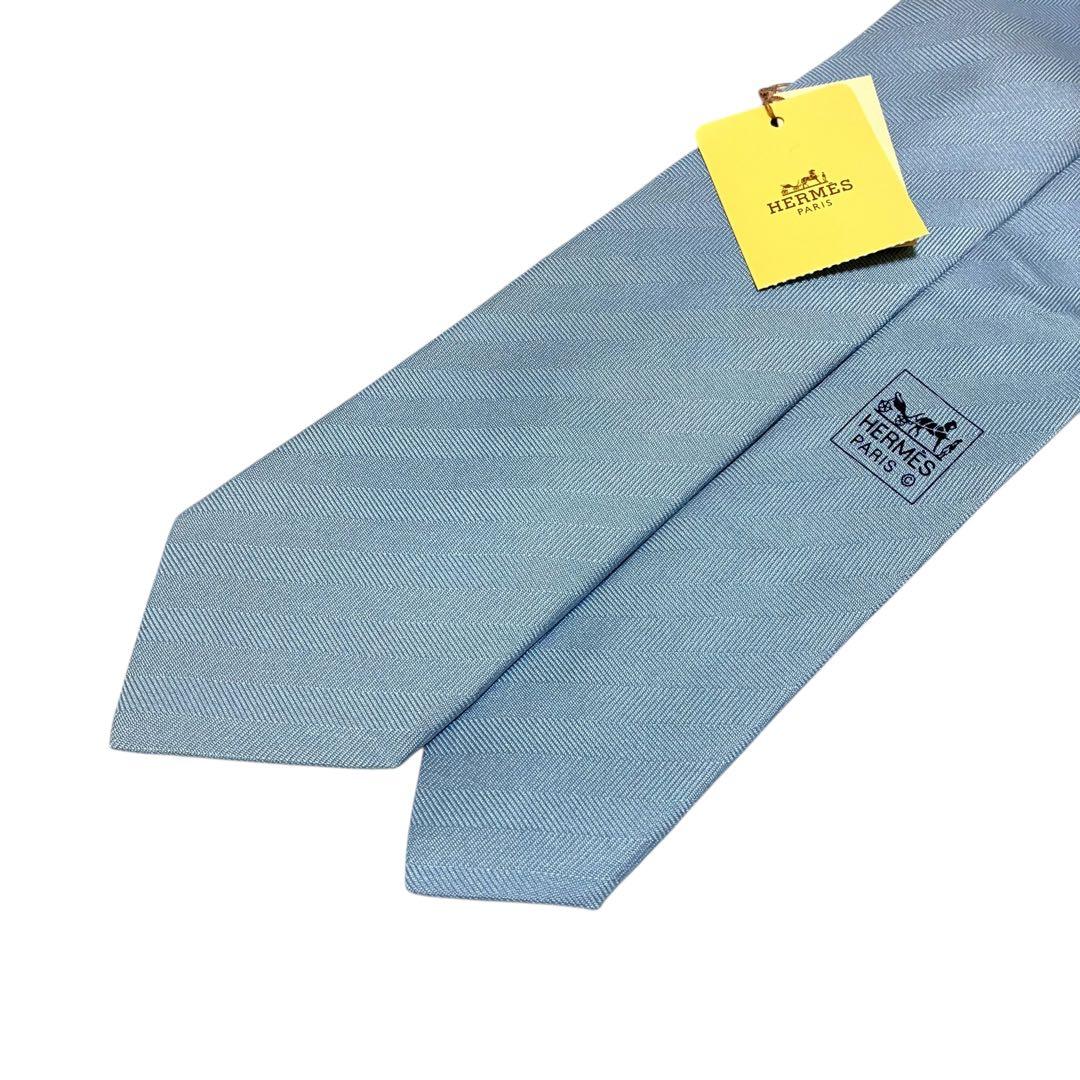 未使用 タグ 箱付 HERMES ストライプ ネクタイ 水色 ライトブルー