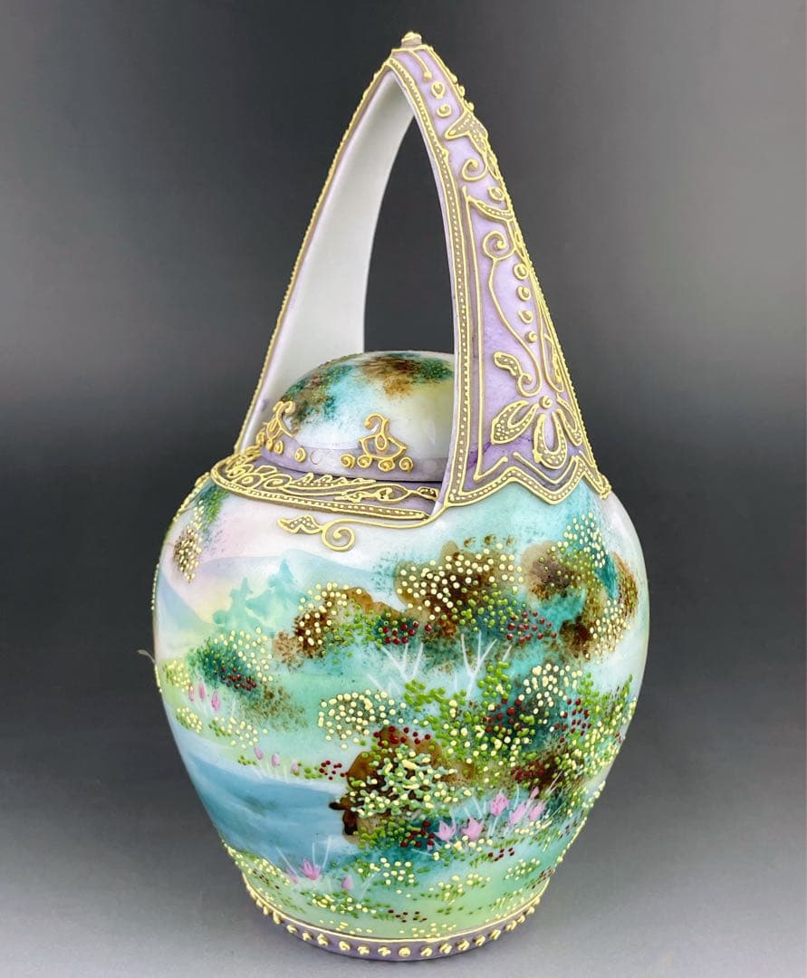 【希少】オールドニッポン 一陳盛り上げ 風景紋 バスケット 花籠 花瓶