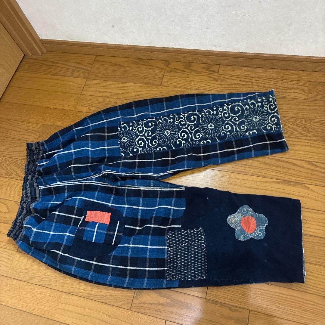 古布　ブルーの布団皮をメインにしたオンリーワン　ダボパンツ
