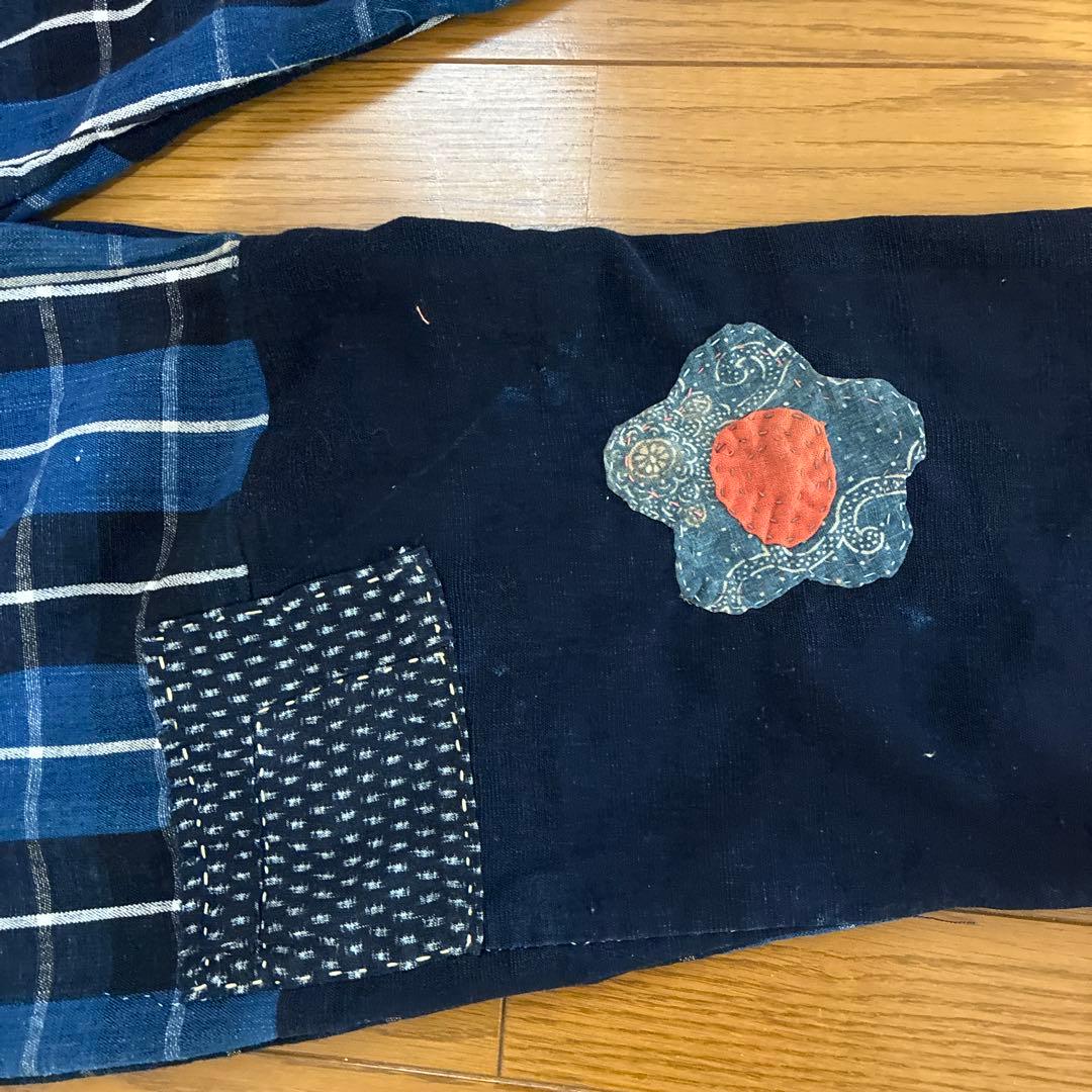 古布　ブルーの布団皮をメインにしたオンリーワン　ダボパンツ