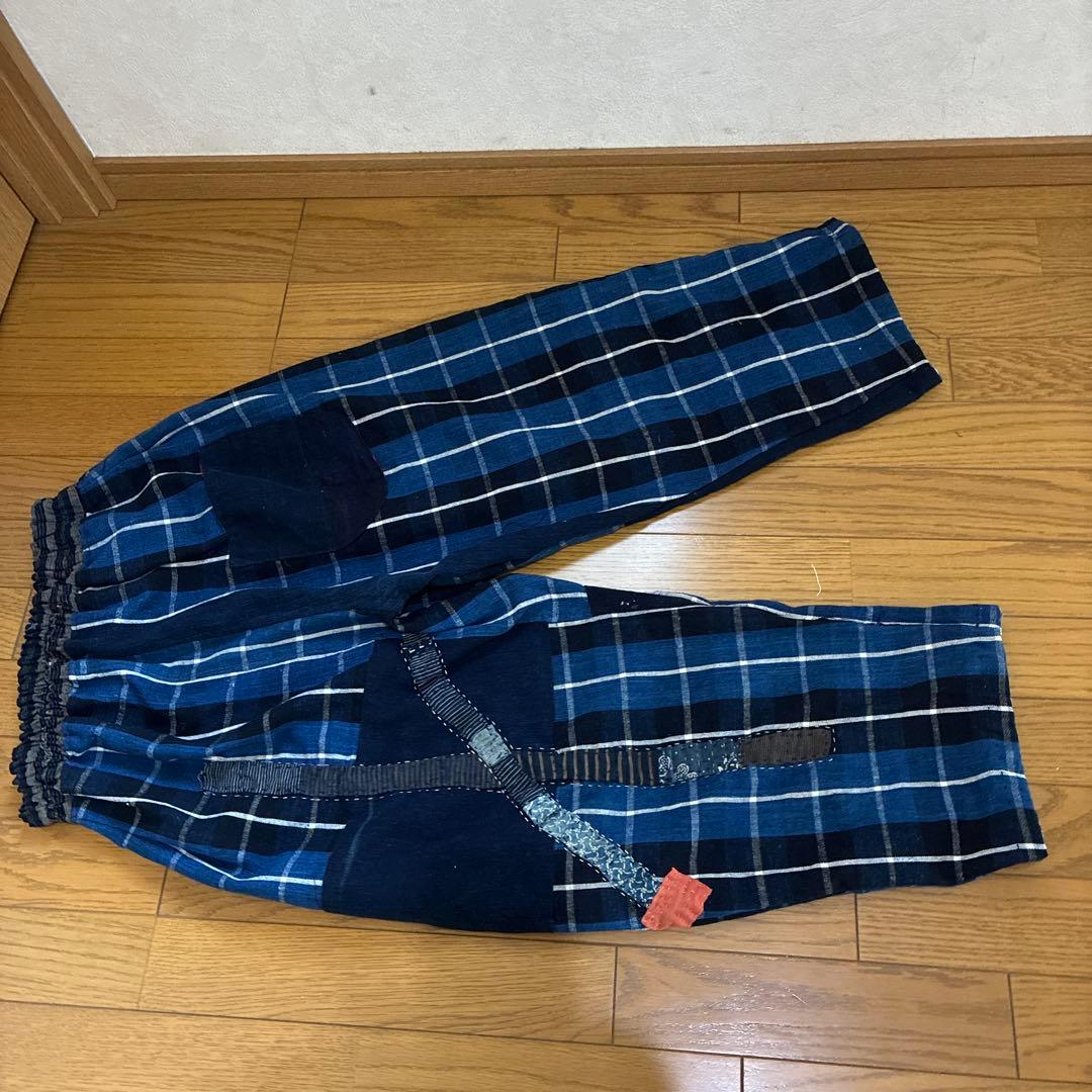 古布　ブルーの布団皮をメインにしたオンリーワン　ダボパンツ