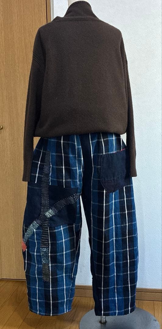 古布　ブルーの布団皮をメインにしたオンリーワン　ダボパンツ