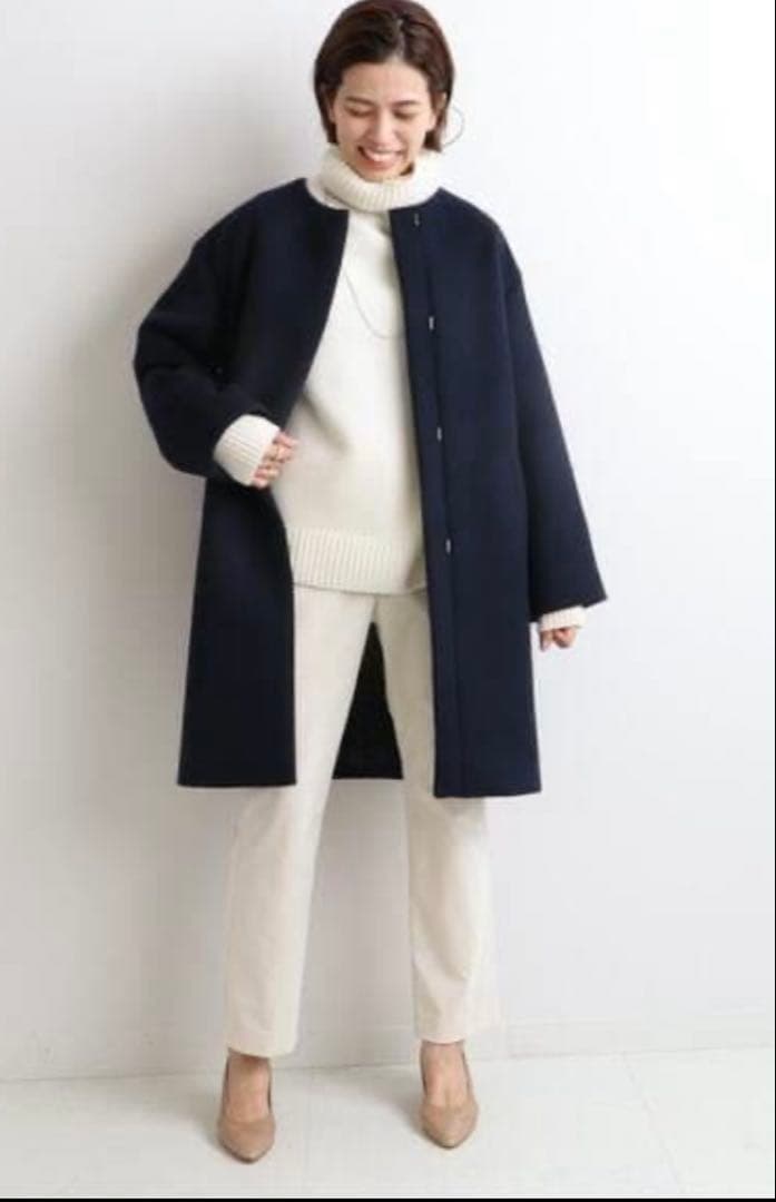 イエナ　PECOLAMBノーカラーコート　ネイビー　38